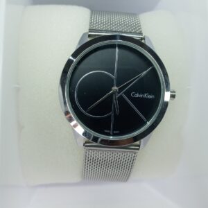 Calvin Klein Minimalist Women's Silver Mesh Watch with Black Dial