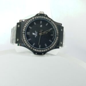 Hublot Style Men's Diamond Bezel Black Dial Stainless Steel Chain Watch