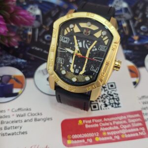 Nepic Men's Gold-Tone Skeleton Dial Leather Watch