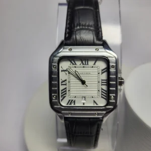 Cartier Santos 1236G Stainless Steel Leather Strap Date Watch