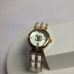 chanel womens gold tone stainless steel and ceramic bracelet 01 - Chanel Gold & White Ceramic Diamond Women's Quartz Watch with Date