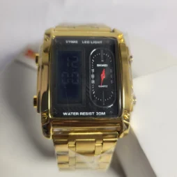 skmei stainless steel rectangular watch with dual time 05 1 - SKMEI 2273 Men's Gold Stainless Steel Dual Display Water Resistant Watch
