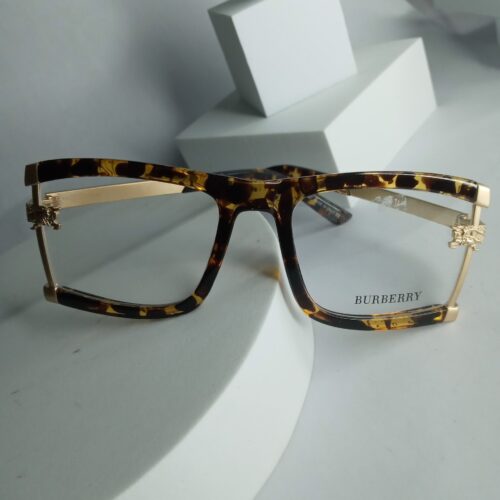 Burberry Unisex Tortoise Shell Square Frame Eyeglasses with Gold Accents