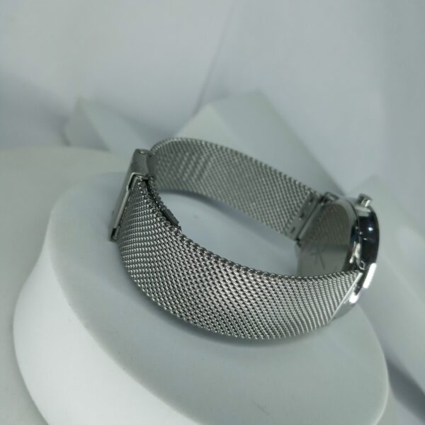 Calvin Klein Minimalist Women's Silver Mesh Watch with Black Dial