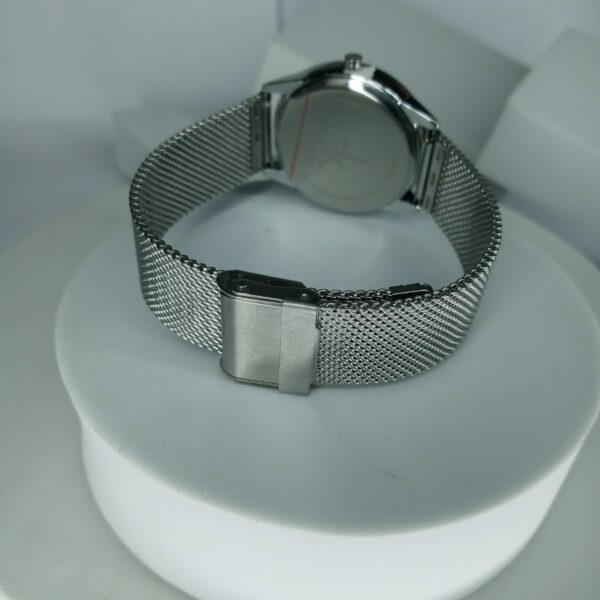 Calvin Klein Minimalist Women's Silver Mesh Watch with Black Dial