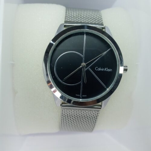 Calvin Klein Minimalist Women's Silver Mesh Watch with Black Dial