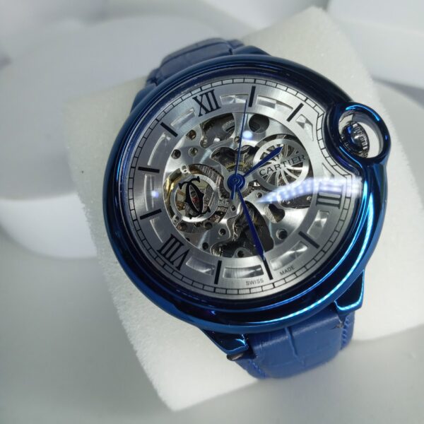 Cartier Blue Skeleton Dial Automatic Men's Luxury Watch with Leather Strap