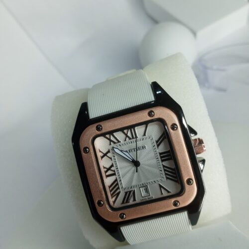 Cartier Santos-Dumont Style Men's Rose Gold  White Rubber Watch