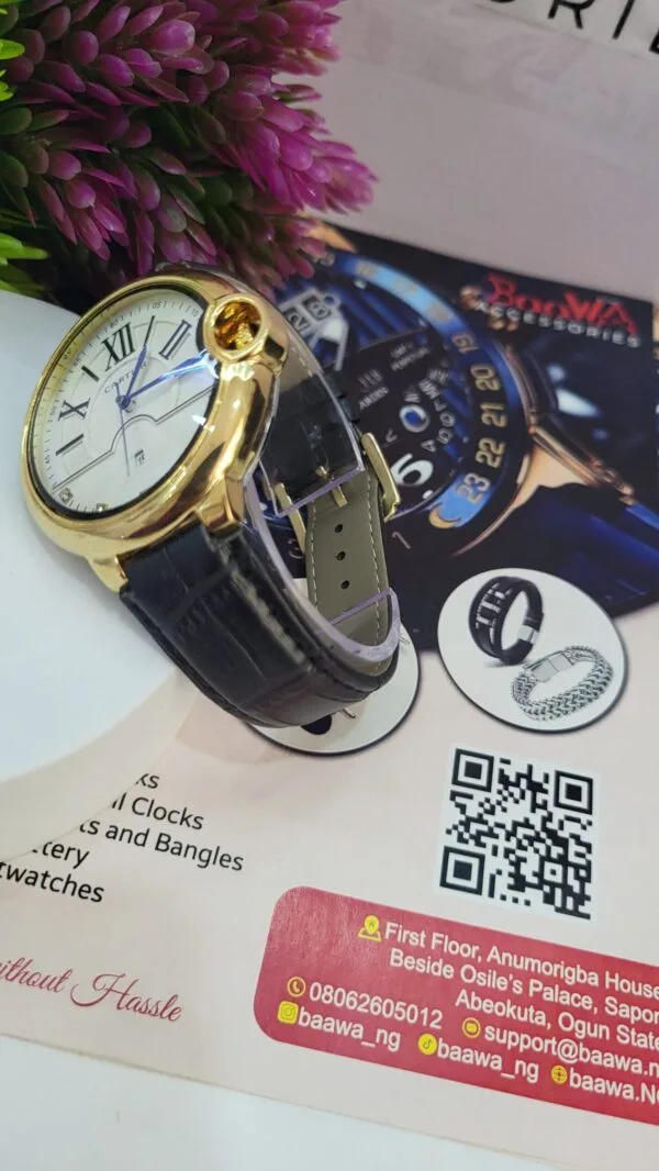 Cartier Luxury Gold Case Men's Leather Watch with Date Display