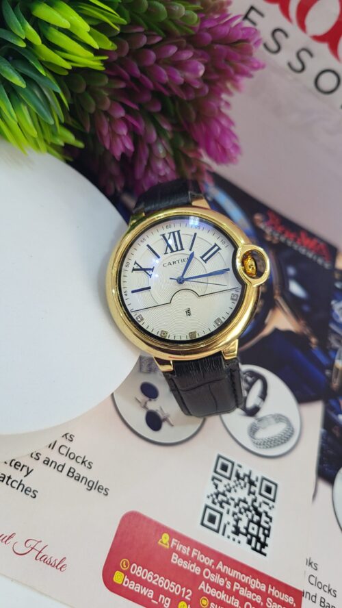 Cartier Luxury Gold Case Men's Leather Watch with Date Display