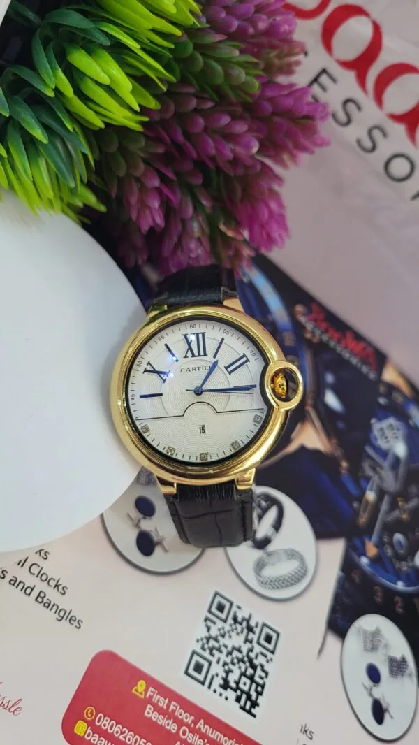 Cartier Luxury Gold Case Men's Leather Watch with Date Display