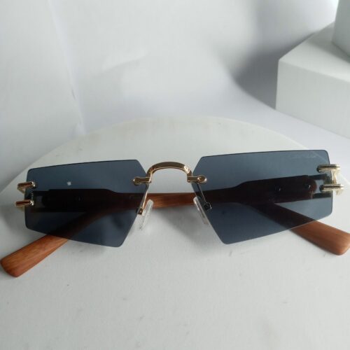 Cartier Rimless Dark Lens Wooden Arm Sunglasses