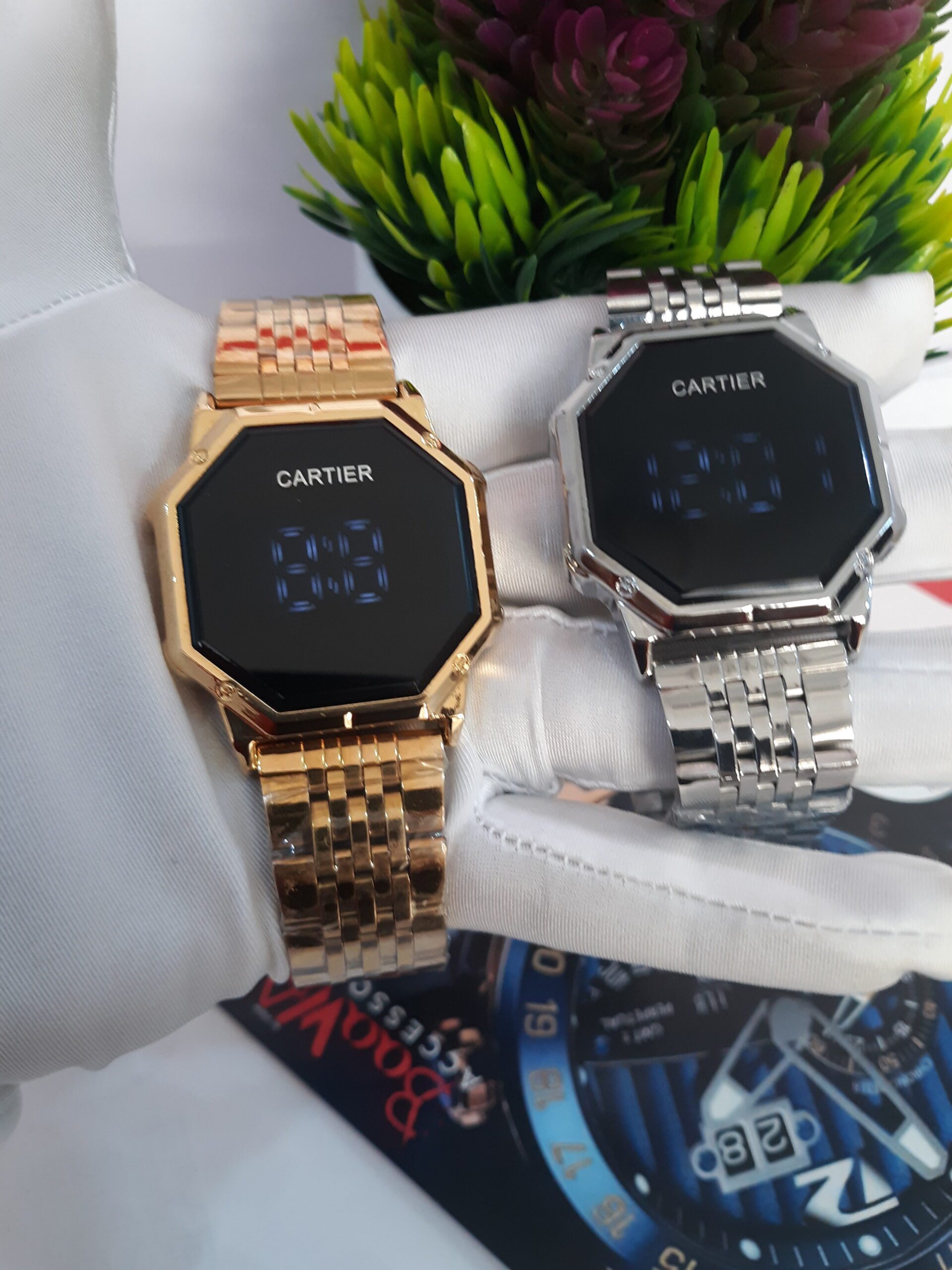 Cartier Octagonal Digital Stainless Steel Watch - Gold Silver
