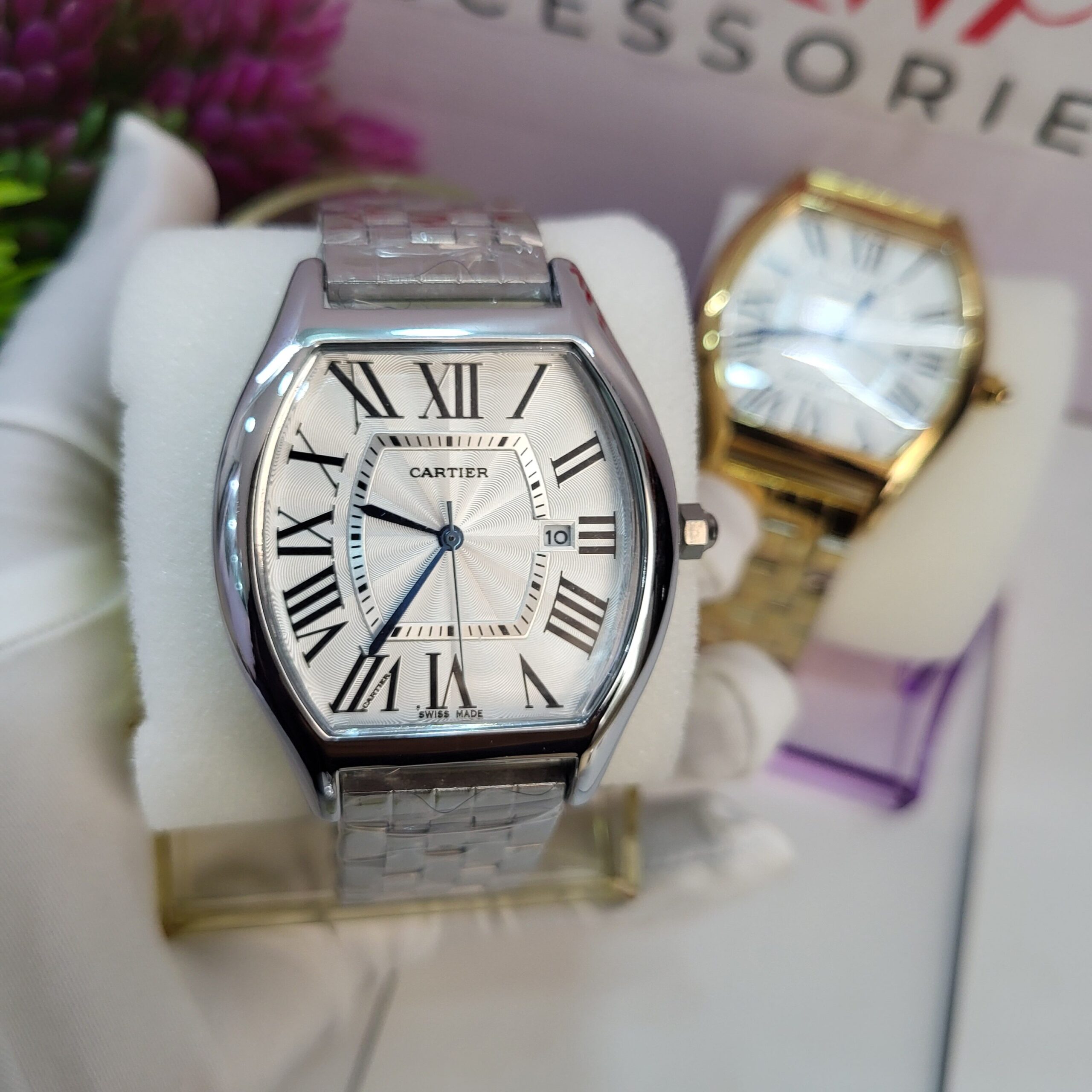 Cartier Tonneau Men's Silver-Tone Swiss Made Watch with Roman Numerals Date