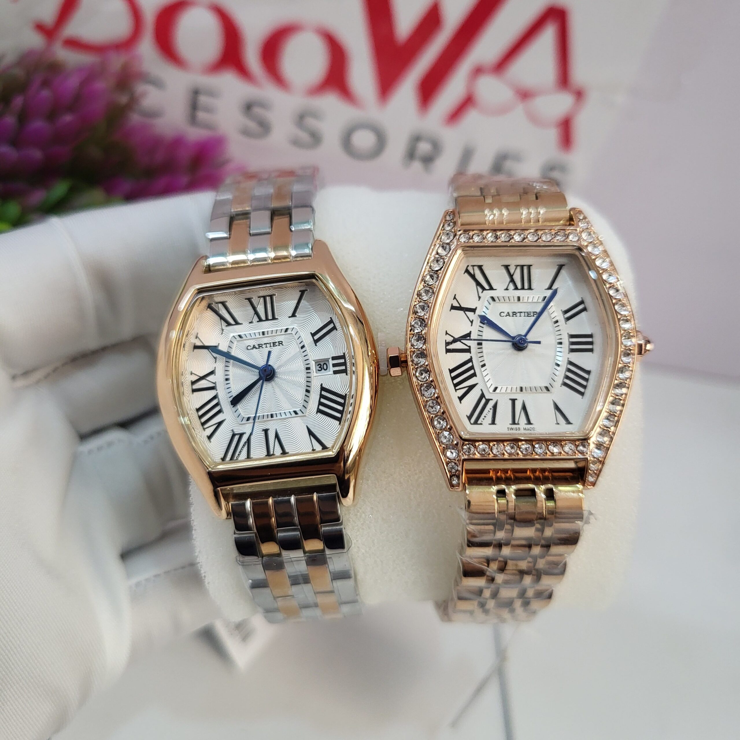 Cartier Tonneau Roman Dial Women's Watch Duo: Two-Tone Diamond Bezel