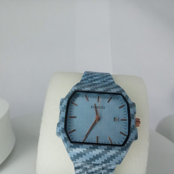 Casio Octagonal Blue Geometric Patterned Analog Watch with Date Display