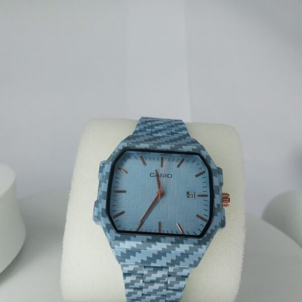 Casio Octagonal Blue Geometric Patterned Analog Watch with Date Display