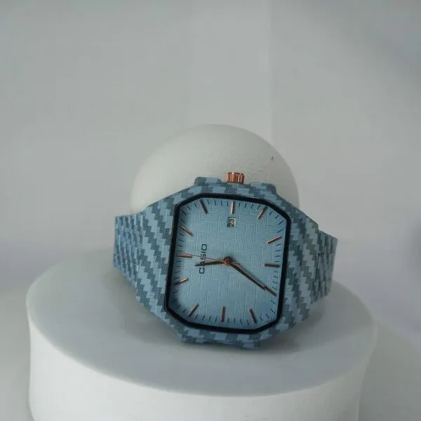 Casio Octagonal Blue Geometric Patterned Analog Watch with Date Display