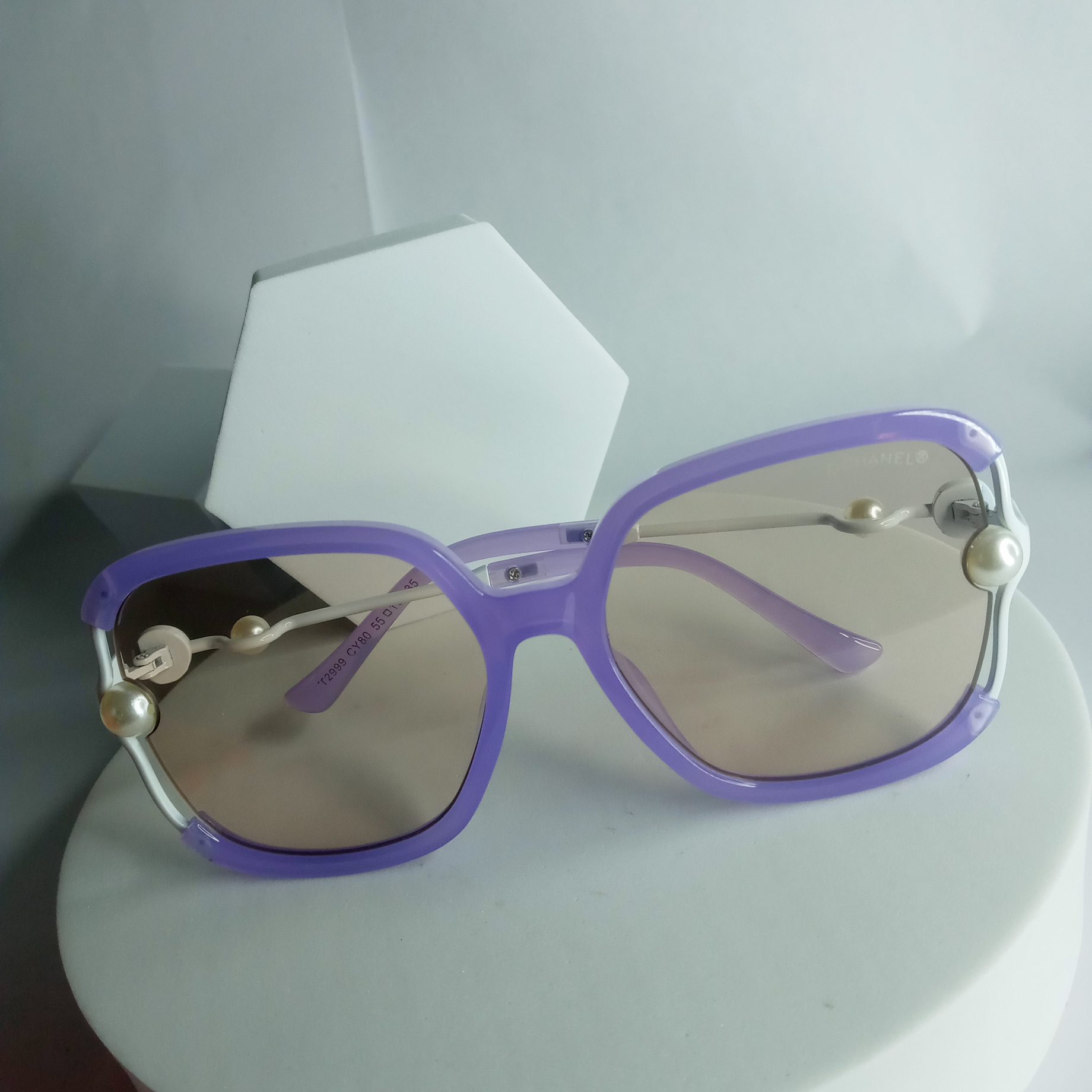 Chanel Women's Oversized Purple Pearl Accent Sunglasses