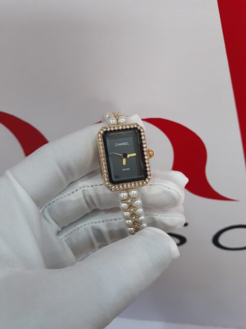 Chanel Gold Tone Pearl  Diamond-Encrusted Rectangular Women's Wristwatch
