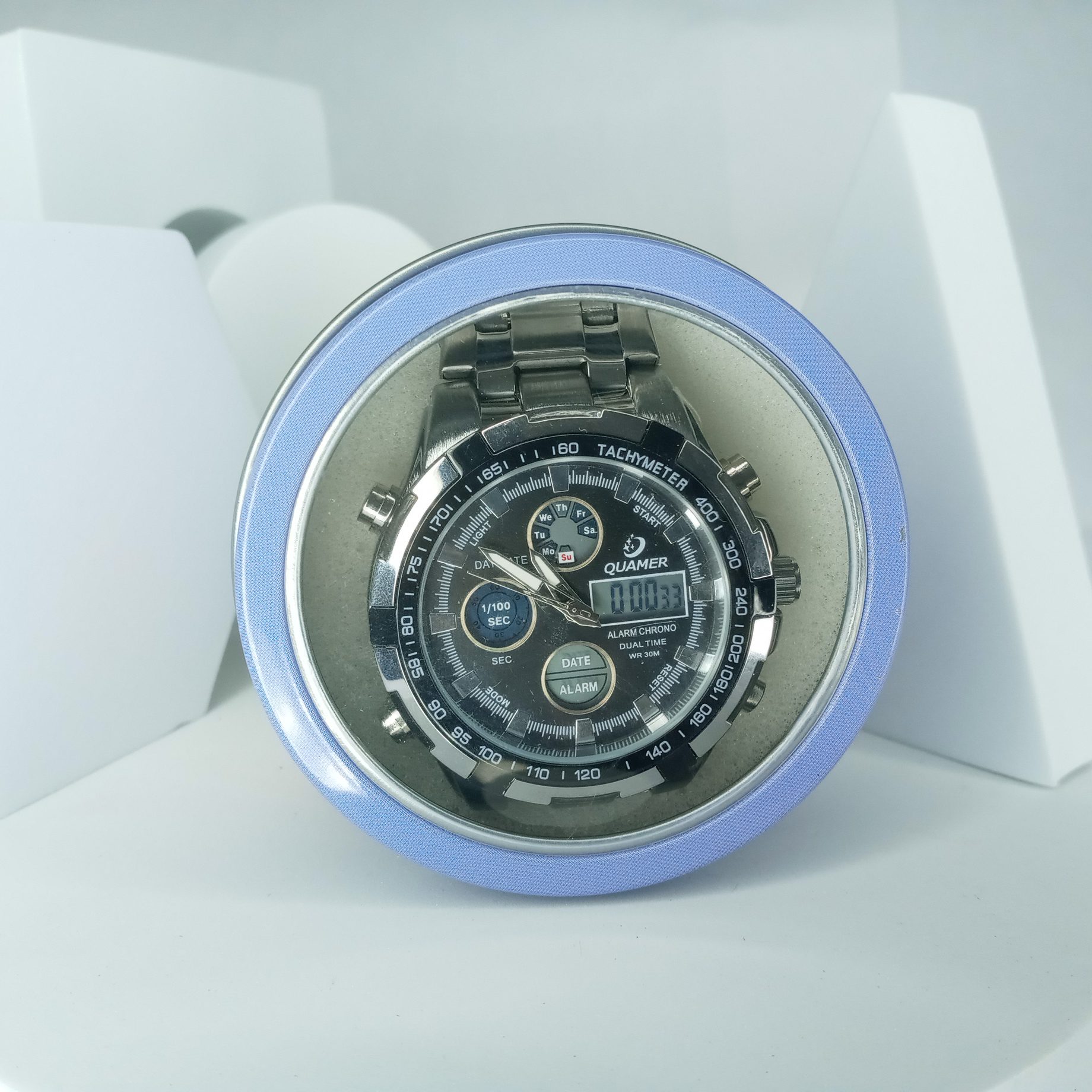 Quamer Men's Stainless Steel Digital-Analog Dual Time Chronograph Sport Watch