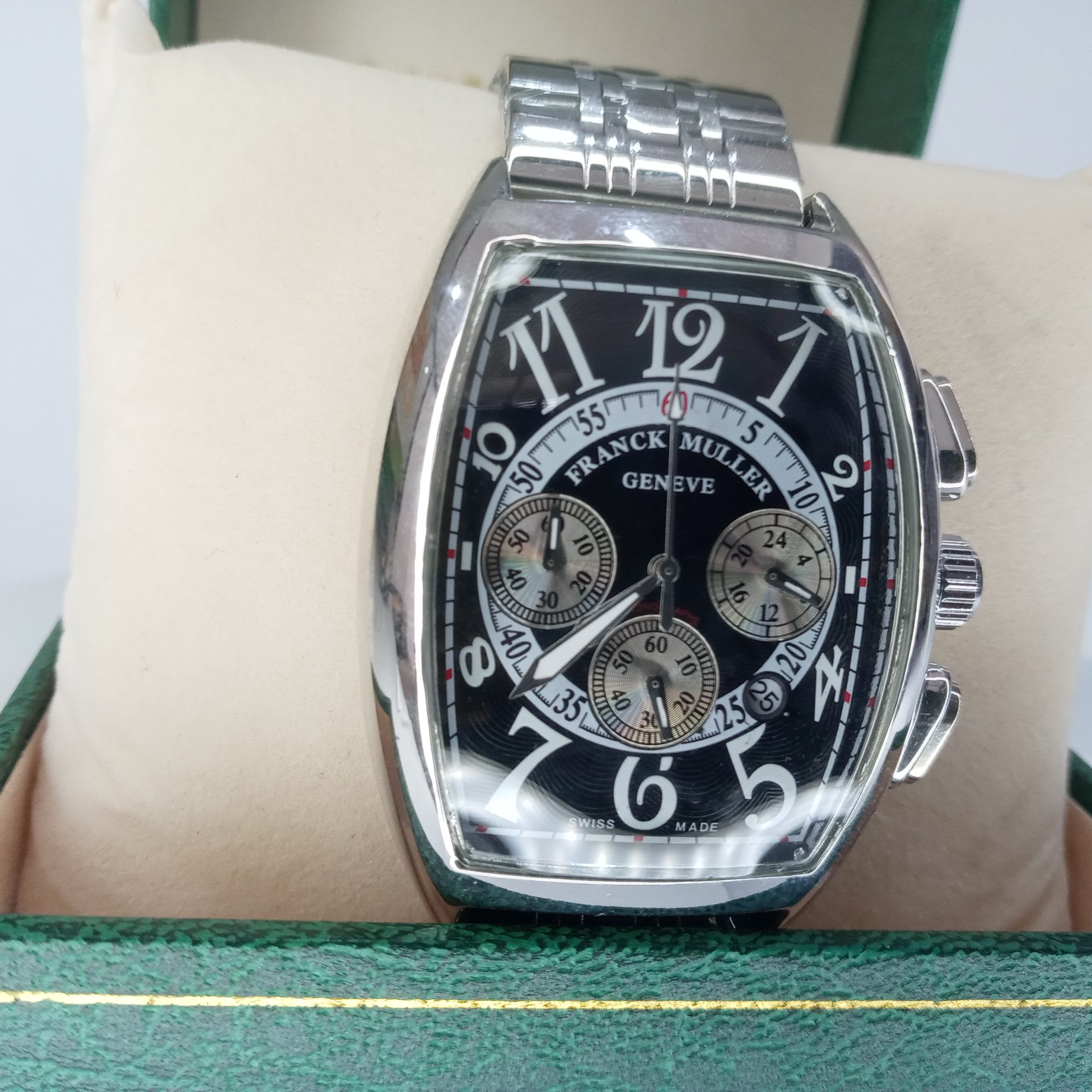 Franck Muller Tonneau Chronograph Men's Watch with Black Dial Stainless Steel Band