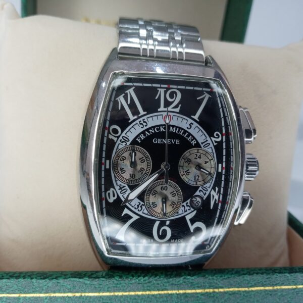 Franck Muller Tonneau Chronograph Men's Watch with Black Dial  Stainless Steel Band