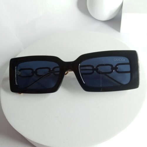 Gucci Rectangular Black Sunglasses with Gold Chain Link Detail GU82