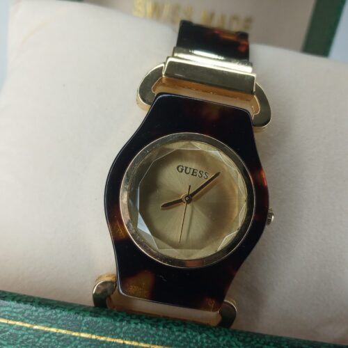 Guess Women's Gold Tone Faceted Crystal Tortoise Shell Analog Watch