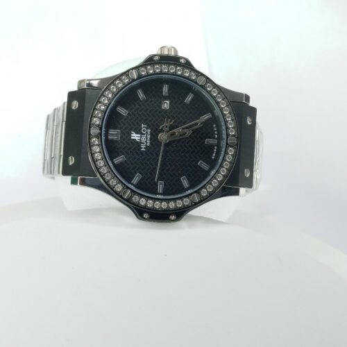 Hublot Style Men's Diamond Bezel Black Dial Stainless Steel Chain Watch