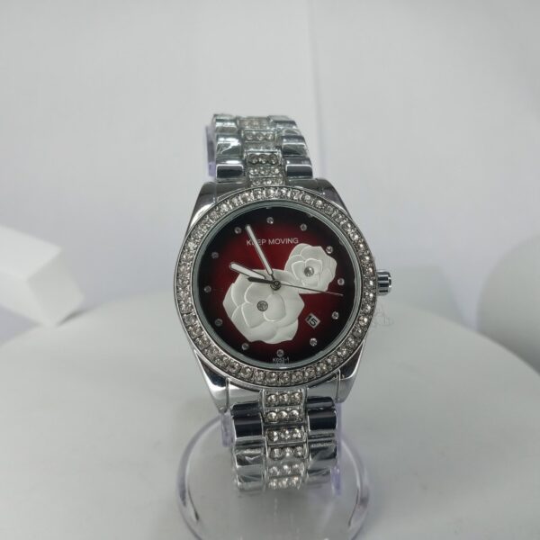 Keep Moving Women's Silver Crystal Chain Watch with Red Floral Analog Dial