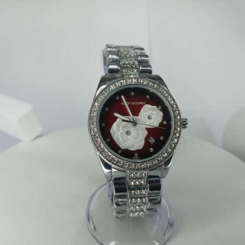 Keep Moving Women's Silver Crystal Chain Watch with Red Floral Analog Dial