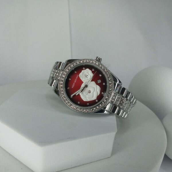 Keep Moving Women's Silver Crystal Chain Watch with Red Floral Analog Dial
