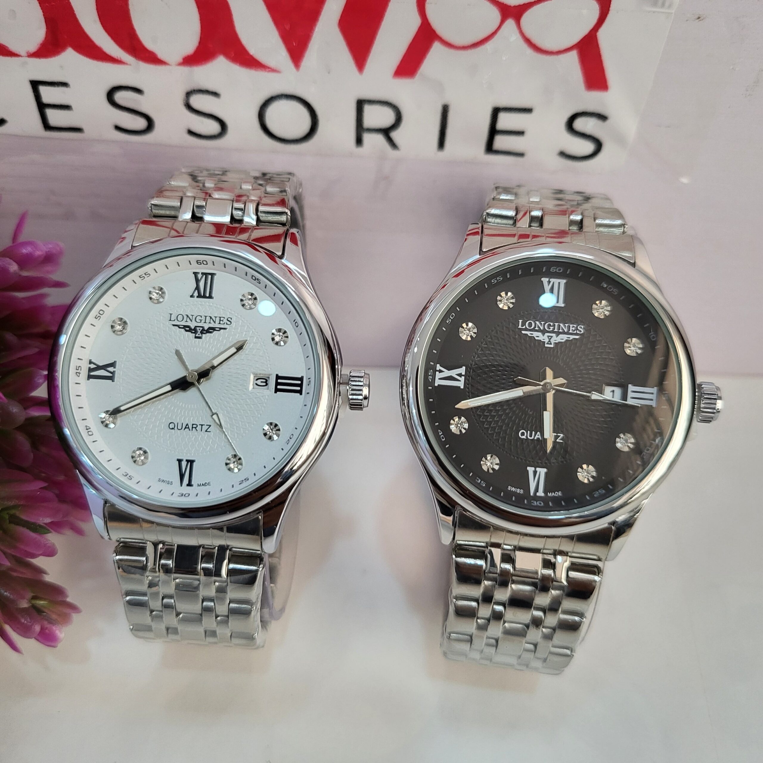 Longines Quartz Stainless Steel Couple Watches - Black White Dials