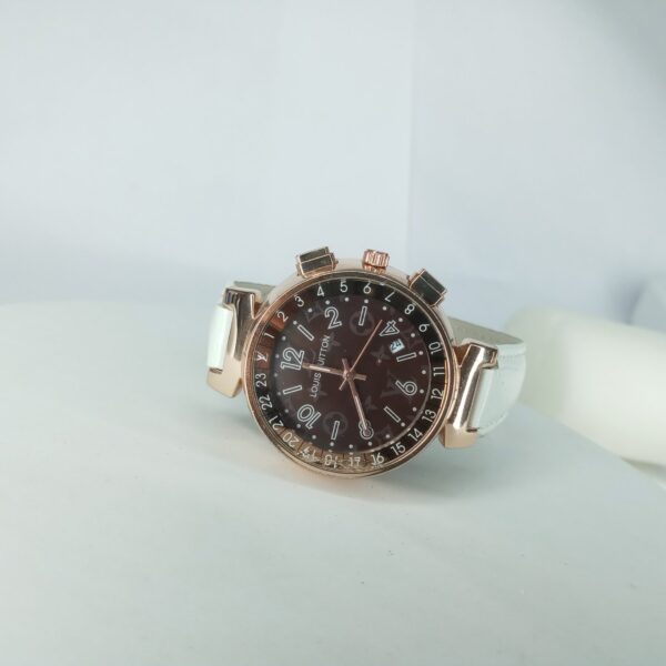 Louis Vuitton Women's Rose Gold Brown Dial White Leather Analog Quartz Watch
