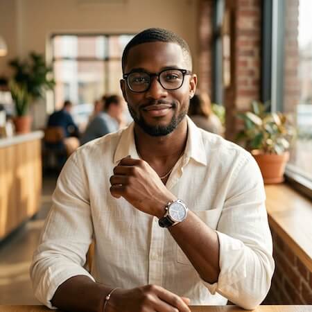 Man sitting with watch on his wrist - About Us