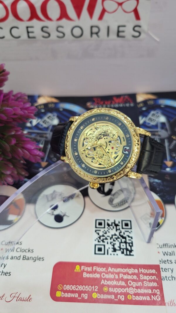 Nepic Men's Gold-Tone Skeleton Dial Leather Watch