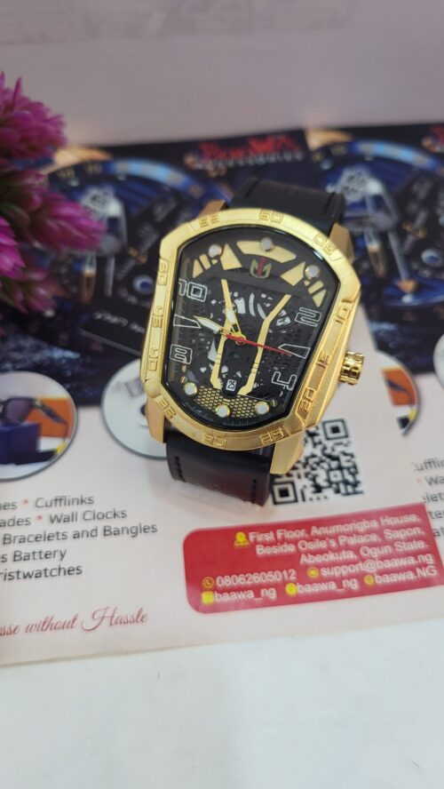 Nepic Men's Gold-Tone Skeleton Dial Leather Watch