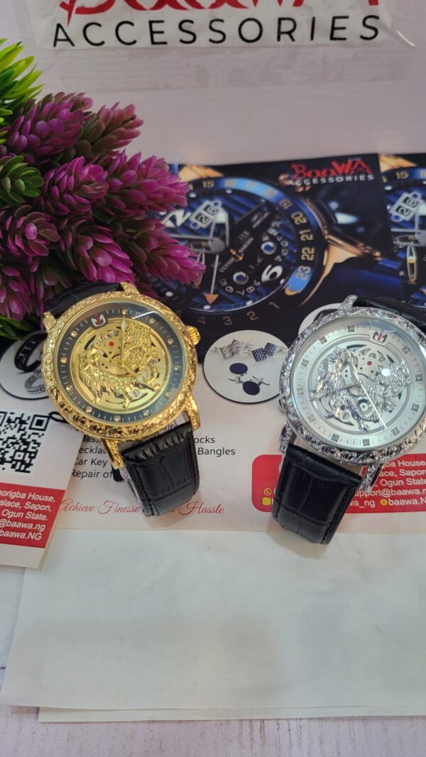 Nepic Men's Gold-Tone Skeleton Dial Leather Watch