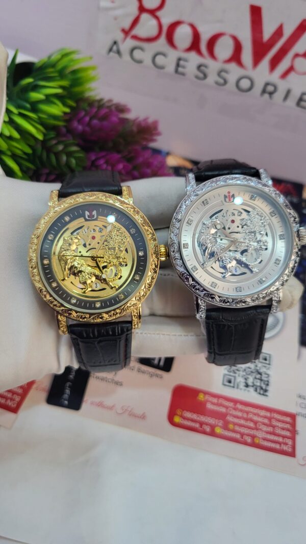 Nepic Men's Gold-Tone Skeleton Dial Leather Watch