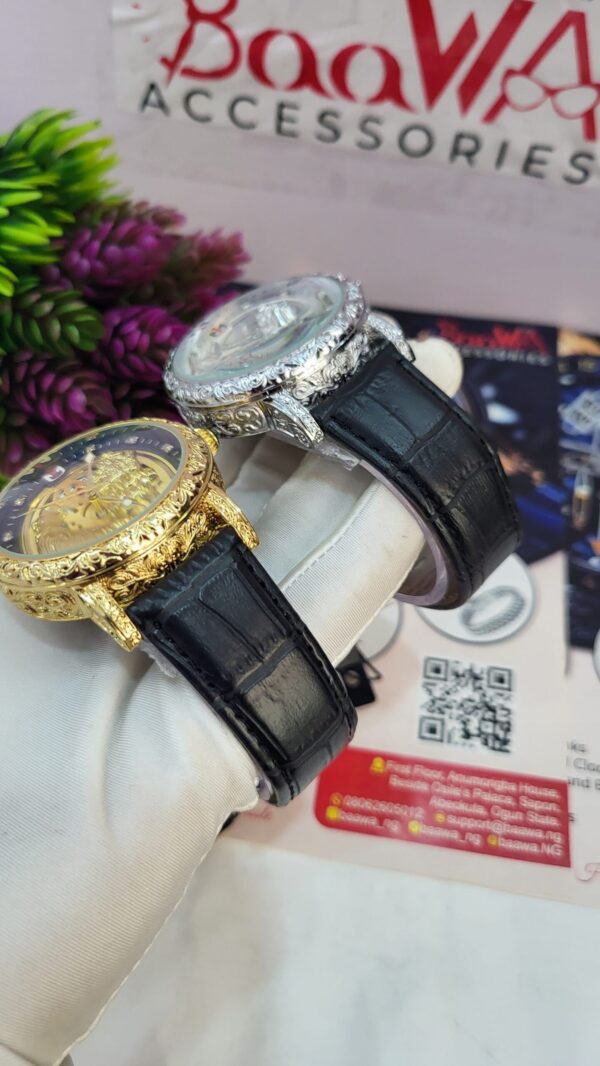 Nepic Men's Gold-Tone Skeleton Dial Leather Watch