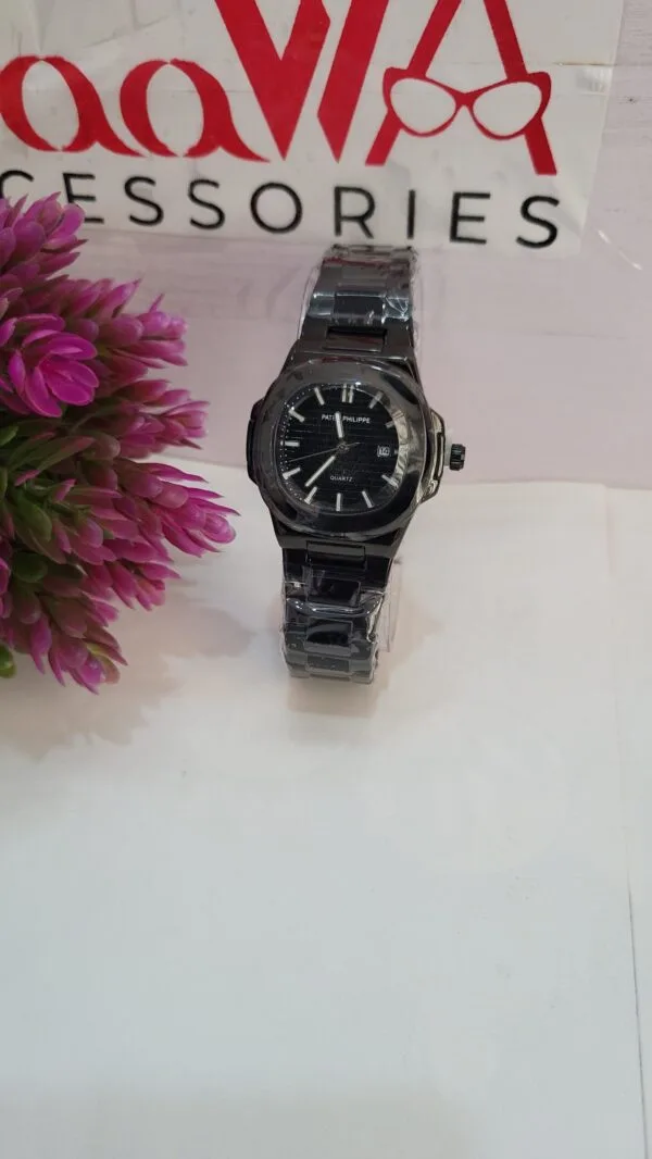 Patek Philippe Nautilus Style Men's Black Quartz Chain Watch with Date