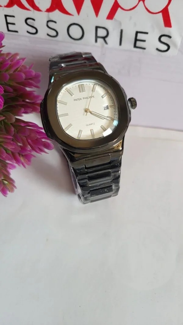 Patek Philippe Nautilus Style Men's Black Quartz Chain Watch with Date
