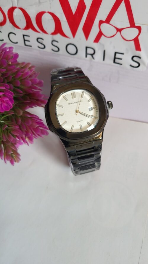 Patek Philippe Nautilus Style Men's Black Quartz Chain Watch with Date