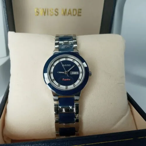 Rado Sapphire Swiss Made Women's Blue Dial Day-Date Stainless Steel Ceramic Chain Watch