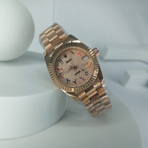 Rolex Silver-Tone Diamond Dial Women's Watch with Colorful Arabic Numerals