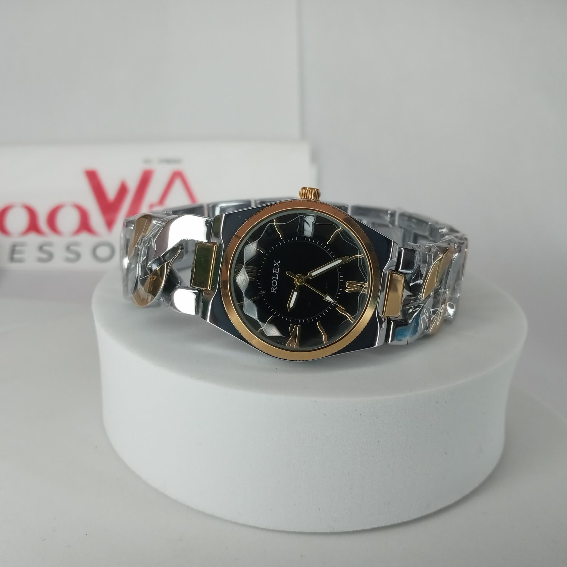 Rolex Women's Two-Tone Chain Link Watch with Black Dial Gold Accents