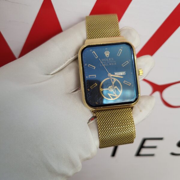 Rolex Label Moir Men's Gold Tone Rectangular Blue Dial Automatic Mesh Band Watch