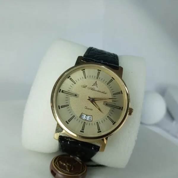 St. Alexander Men's Elegant Gold Tone Quartz Watch with Leather Strap  Date Display