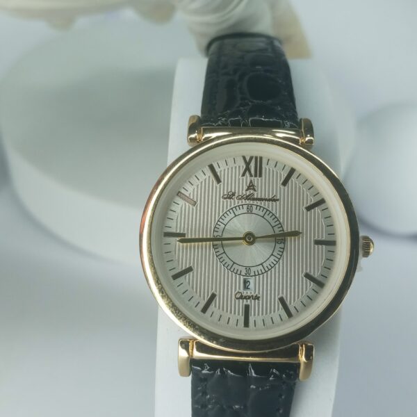 St. Alexander Women's Gold-Tone Quartz Watch with Black Leather Strap